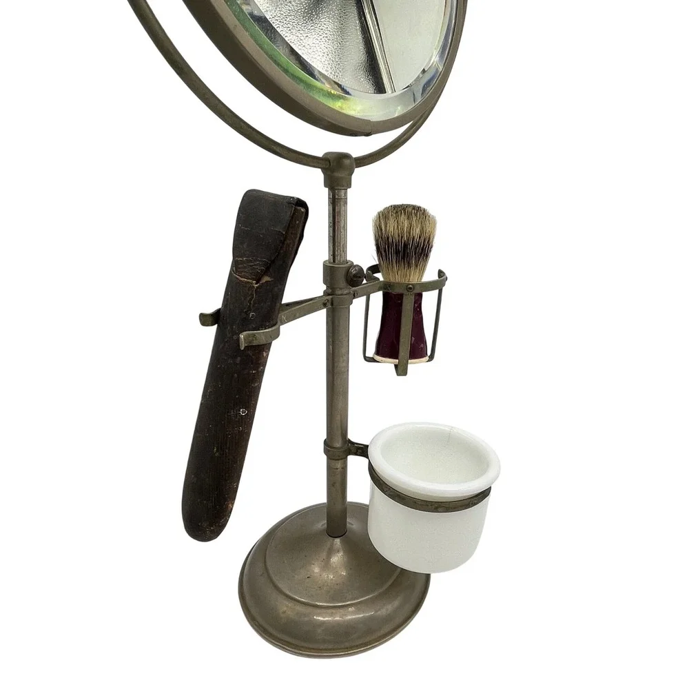 Antique Edwardian‎ Telescoping Brass Shaving Stand Mirror Brush Cup Razor